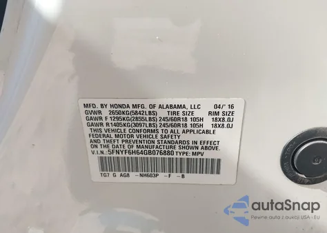 2016 Honda Pilot Ex-L z USA, uszkodzony, nr VIN 5FNYF6H64GB076880